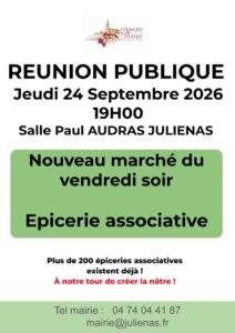 24 Septembre 2026, Salle Polyvalente Paul AUDRAS. Réunion Publique sur le thème "Marché et Epicerie associative"